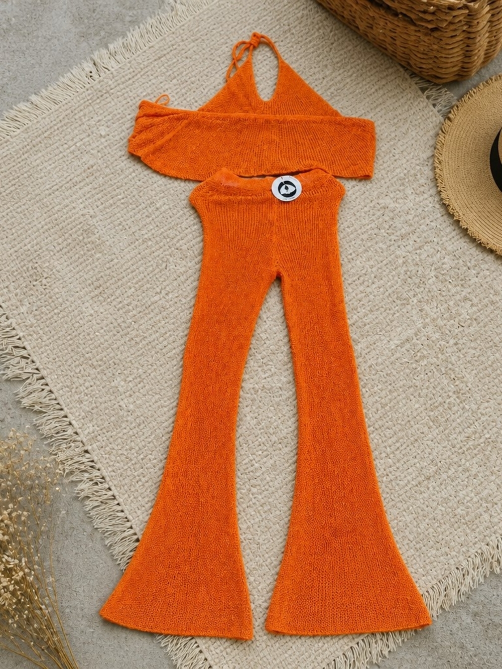 Orange Knit Flared Pants with Matching Halter Top